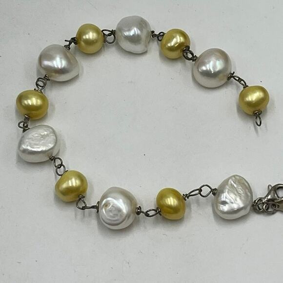 Deidda Firenze Italy Yellow White Baroque Pearl Bracelet Sterling Silver 8.25 - Picture 1 of 10